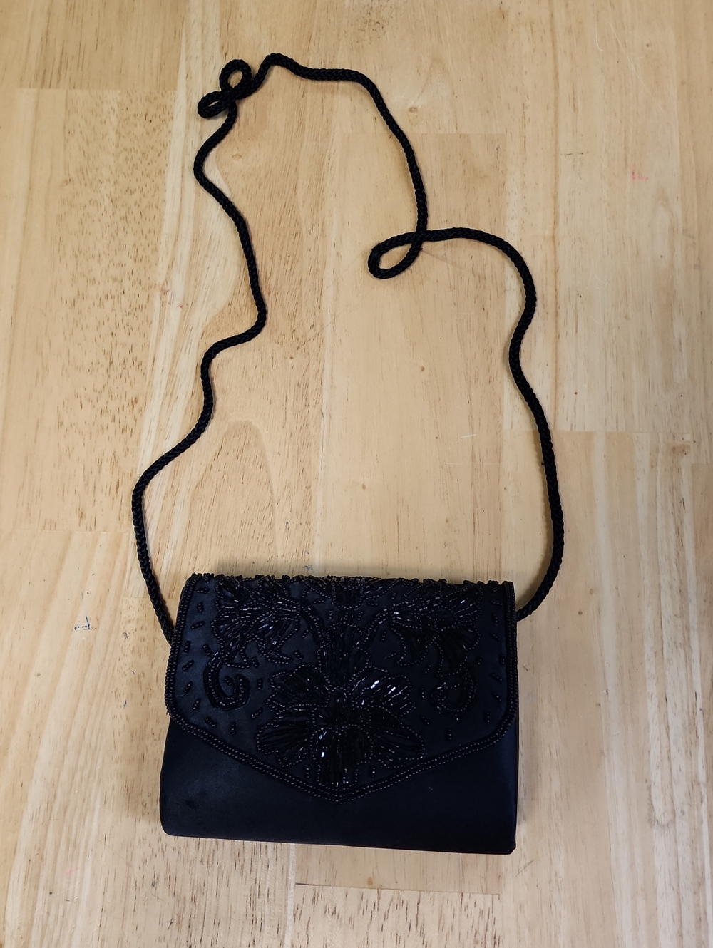 Vintage NYTLITES Black Satin Beaded Evening Bag Crossbody Clutch EXCELLENT